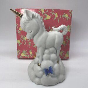 1982 Unicorn Enesco Blue Butterfly On Cloud With Box Gold Horn & Feet Porcelain